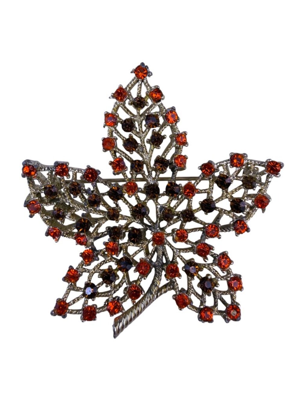 Red Orange Rhinestone Maple Leaf Brooch With Pin Gold Tone Statement Jewelry